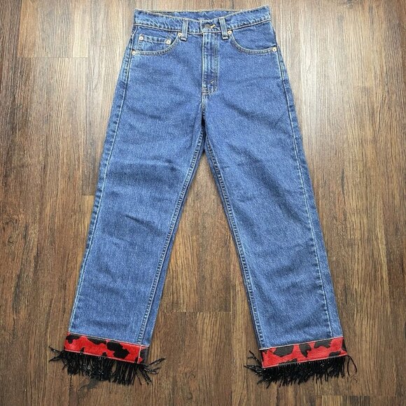 Levi's Denim - Vtg Levis 505 Denim Blue Jeans Recycled Refashion Beaded Fringe Cuffs Size 28x36